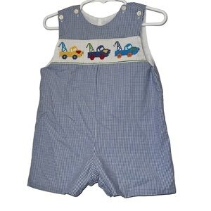 Ananvini blue check smocked tow truck Jon Jon sz 12m